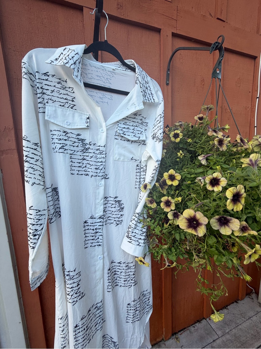 Lightweight White Script-Print Shirt Dress - Brand Unspecified